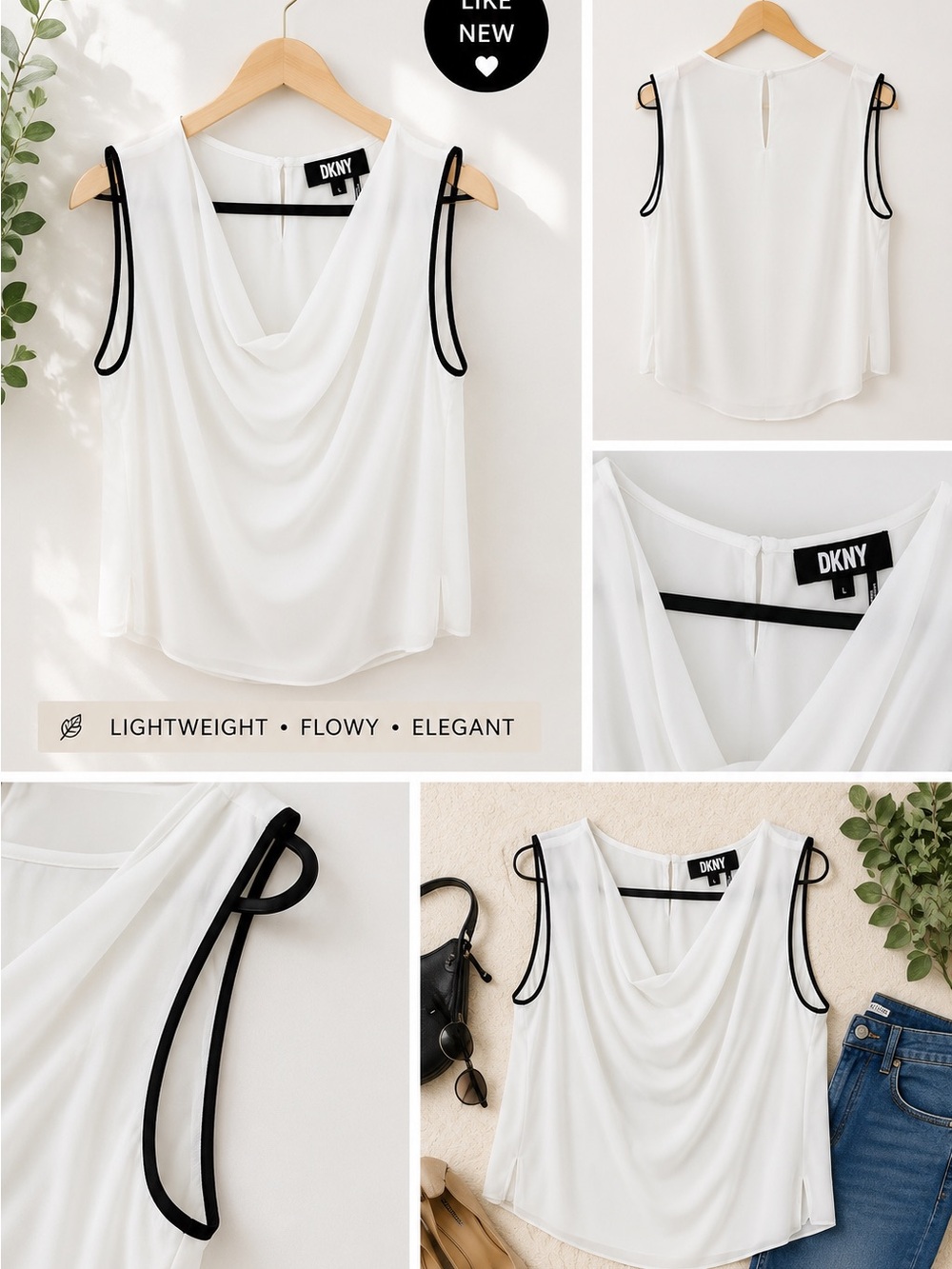 DKNY White Draped Sleeveless Camisole with Black Trim